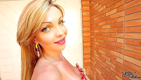 Blonde shemale gets her big tits pounded in the car