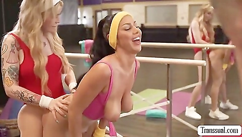 Horny blonde with a small ass rides her transvestite man