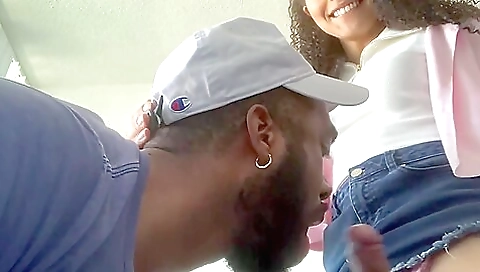 Ebony chick sucks hard man's dick and fills her belly