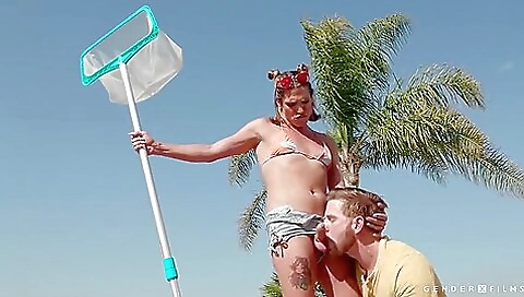 Trans girl with a tattooed pussy gets off deepthroat