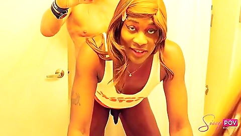 Sexy ebony tranny is getting fucked deep behind the scene