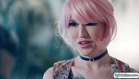 Busty shemale gets fucked by a huge dick in the bed